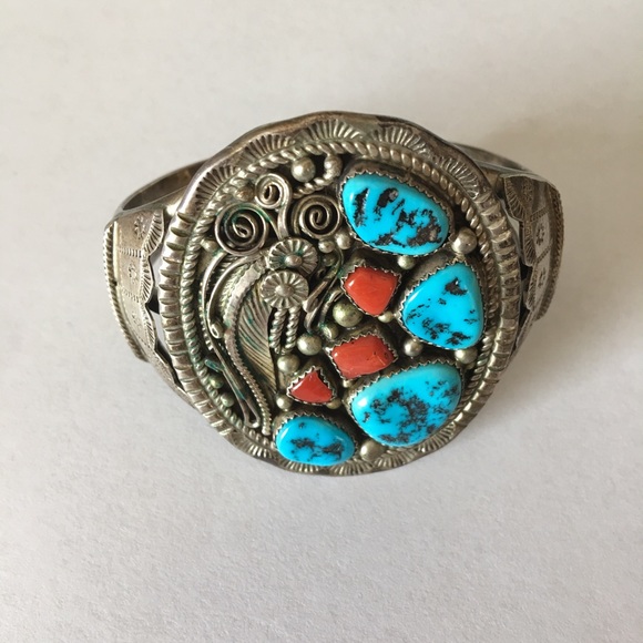 Vintage Native American Turquoise Coral Sterling Silver Cuff Bracelet - Picture 16 of 16